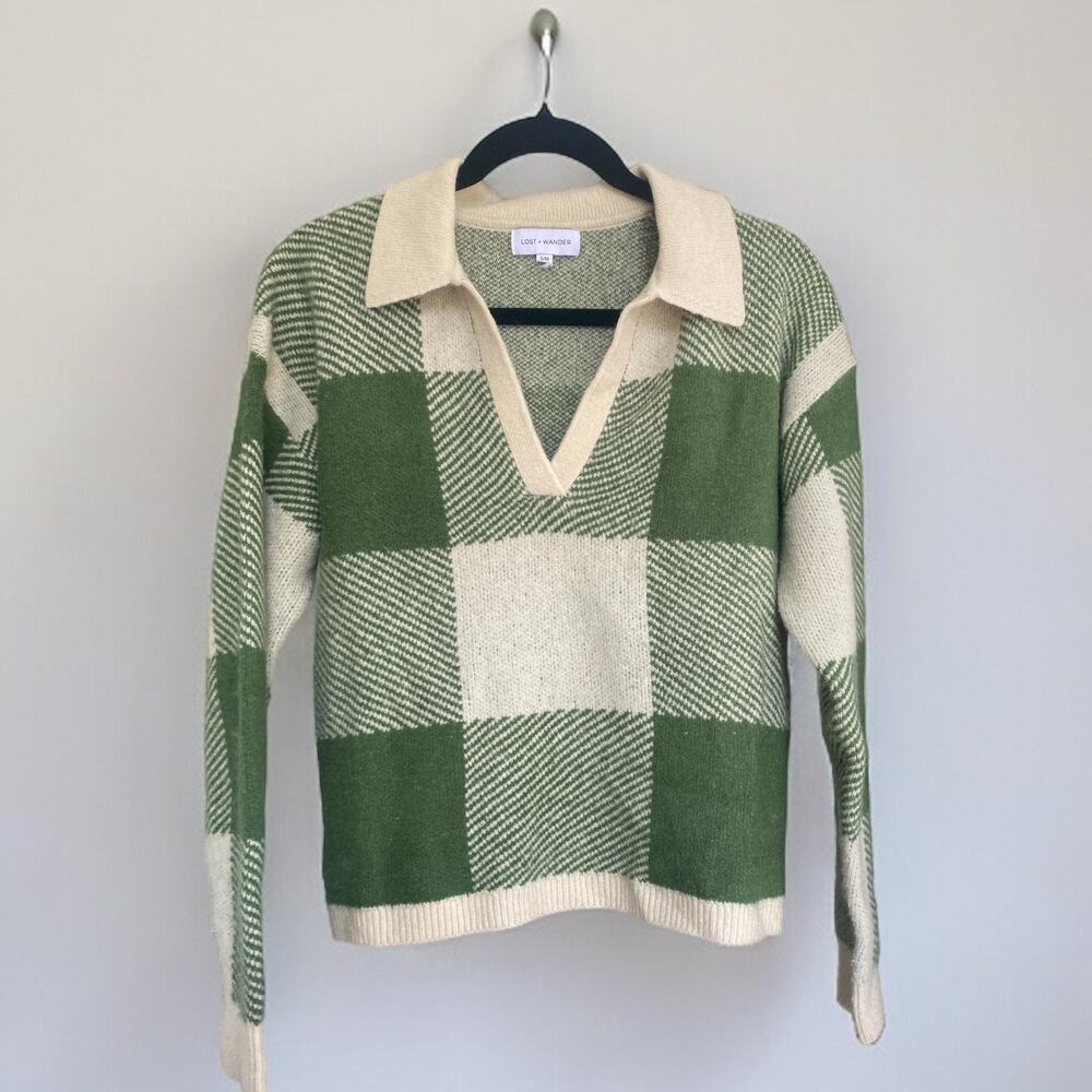 Lost + Wander Green and Cream V-Neck Sweater
